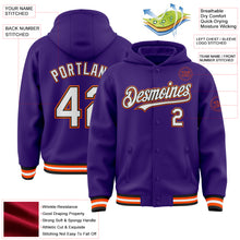Charger l'image dans la galerie, Custom Purple Black-Orange Bomber Full-Snap Varsity Letterman Hoodie Jacket