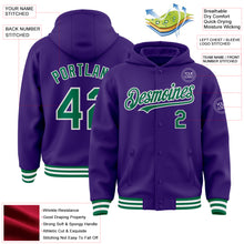 Charger l'image dans la galerie, Custom Purple Kelly Green-White Bomber Full-Snap Varsity Letterman Hoodie Jacket