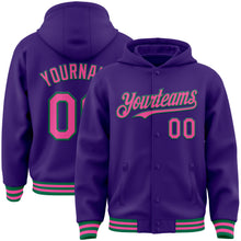 Charger l'image dans la galerie, Custom Purple Pink-Kelly Green Bomber Full-Snap Varsity Letterman Hoodie Jacket
