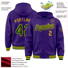 Load image into Gallery viewer, Custom Purple Green-Gold Bomber Full-Snap Varsity Letterman Hoodie Jacket