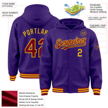Load image into Gallery viewer, Custom Purple Crimson-Gold Bomber Full-Snap Varsity Letterman Hoodie Jacket