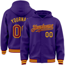 Load image into Gallery viewer, Custom Purple Crimson-Gold Bomber Full-Snap Varsity Letterman Hoodie Jacket