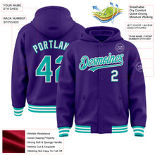 Charger l'image dans la galerie, Custom Purple Aqua-White Bomber Full-Snap Varsity Letterman Hoodie Jacket