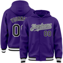 Charger l'image dans la galerie, Custom Purple Black-Gray Bomber Full-Snap Varsity Letterman Hoodie Jacket