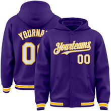 Charger l'image dans la galerie, Custom Purple White-Gold Bomber Full-Snap Varsity Letterman Hoodie Jacket
