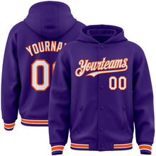 Charger l'image dans la galerie, Custom Purple White-Orange Bomber Full-Snap Varsity Letterman Hoodie Jacket