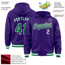 Charger l'image dans la galerie, Custom Purple Kelly Green-White Bomber Full-Snap Varsity Letterman Hoodie Jacket