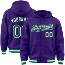 Charger l'image dans la galerie, Custom Purple Kelly Green-White Bomber Full-Snap Varsity Letterman Hoodie Jacket