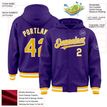 Laden Sie das Bild in den Galerie-Viewer, Custom Purple Gold-White Bomber Full-Snap Varsity Letterman Hoodie Jacket