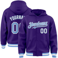 Load image into Gallery viewer, Custom Purple Light Blue-White Bomber Full-Snap Varsity Letterman Hoodie Jacket