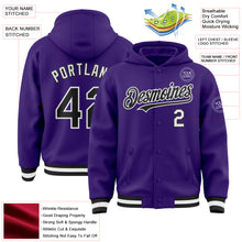 Charger l'image dans la galerie, Custom Purple Black-White Bomber Full-Snap Varsity Letterman Hoodie Jacket