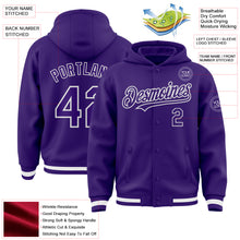 Charger l'image dans la galerie, Custom Purple White Bomber Full-Snap Varsity Letterman Hoodie Jacket