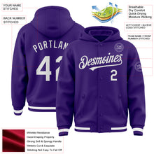 Charger l'image dans la galerie, Custom Purple White Bomber Full-Snap Varsity Letterman Hoodie Jacket