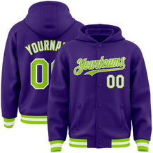Charger l'image dans la galerie, Custom Purple Neon Green-White Bomber Full-Snap Varsity Letterman Hoodie Jacket