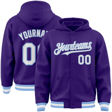 Charger l'image dans la galerie, Custom Purple White-Light Blue Bomber Full-Snap Varsity Letterman Hoodie Jacket