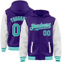 Charger l'image dans la galerie, Custom Purple Aqua-White Bomber Full-Snap Varsity Letterman Two Tone Hoodie Jacket