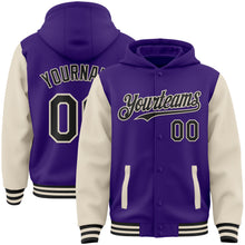 Load image into Gallery viewer, Custom Purple Black-Cream Bomber Full-Snap Varsity Letterman Two Tone Hoodie Jacket