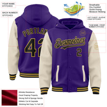 Load image into Gallery viewer, Custom Purple Black Cream-Old Gold Bomber Full-Snap Varsity Letterman Two Tone Hoodie Jacket