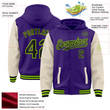 Load image into Gallery viewer, Custom Purple Black Cream-Neon Green Bomber Full-Snap Varsity Letterman Two Tone Hoodie Jacket