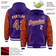 Charger l'image dans la galerie, Custom Purple Texas Orange-White Bomber Full-Snap Varsity Letterman Two Tone Hoodie Jacket