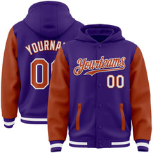 Charger l'image dans la galerie, Custom Purple Texas Orange-White Bomber Full-Snap Varsity Letterman Two Tone Hoodie Jacket