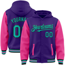 Charger l'image dans la galerie, Custom Purple Aqua Pink-Black Bomber Full-Snap Varsity Letterman Two Tone Hoodie Jacket