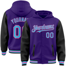 Загрузить изображение в средство просмотра галереи, Custom Purple Sky Blue Black-Pink Bomber Full-Snap Varsity Letterman Two Tone Hoodie Jacket