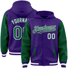 Charger l'image dans la galerie, Custom Purple Kelly Green-White Bomber Full-Snap Varsity Letterman Two Tone Hoodie Jacket