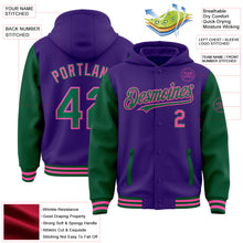 Charger l'image dans la galerie, Custom Purple Kelly Green-Pink Bomber Full-Snap Varsity Letterman Two Tone Hoodie Jacket