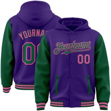 Charger l'image dans la galerie, Custom Purple Kelly Green-Pink Bomber Full-Snap Varsity Letterman Two Tone Hoodie Jacket