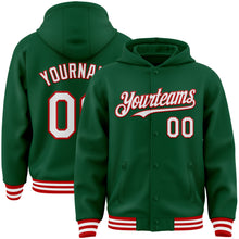 Charger l'image dans la galerie, Custom Kelly Green White-Red Bomber Full-Snap Varsity Letterman Hoodie Jacket