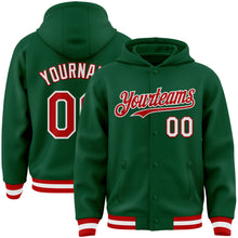 Charger l'image dans la galerie, Custom Kelly Green Red-White Bomber Full-Snap Varsity Letterman Hoodie Jacket