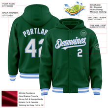 Загрузить изображение в средство просмотра галереи, Custom Kelly Green White-Light Blue Bomber Full-Snap Varsity Letterman Hoodie Jacket