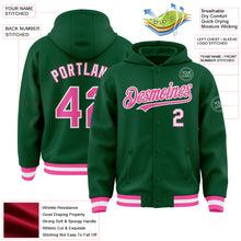 Charger l'image dans la galerie, Custom Kelly Green Pink-White Bomber Full-Snap Varsity Letterman Hoodie Jacket