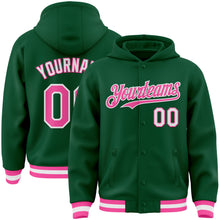 Charger l'image dans la galerie, Custom Kelly Green Pink-White Bomber Full-Snap Varsity Letterman Hoodie Jacket