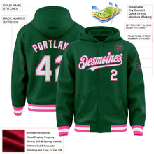 Laden Sie das Bild in den Galerie-Viewer, Custom Kelly Green White-Pink Bomber Full-Snap Varsity Letterman Hoodie Jacket