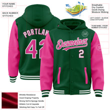 Загрузить изображение в средство просмотра галереи, Custom Kelly Green Pink-White Bomber Full-Snap Varsity Letterman Two Tone Hoodie Jacket