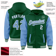 Загрузить изображение в средство просмотра галереи, Custom Kelly Green Light Blue-White Bomber Full-Snap Varsity Letterman Two Tone Hoodie Jacket