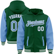 Загрузить изображение в средство просмотра галереи, Custom Kelly Green Light Blue-White Bomber Full-Snap Varsity Letterman Two Tone Hoodie Jacket