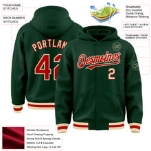 Load image into Gallery viewer, Custom Green Red-Cream Bomber Full-Snap Varsity Letterman Hoodie Jacket