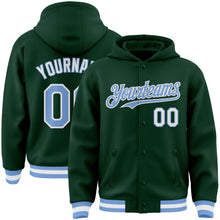 Load image into Gallery viewer, Custom Green Light Blue-White Bomber Full-Snap Varsity Letterman Hoodie Jacket