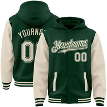 Load image into Gallery viewer, Custom Green Cream Bomber Full-Snap Varsity Letterman Two Tone Hoodie Jacket