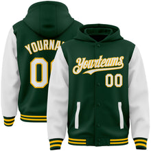 Charger l'image dans la galerie, Custom Green White-Gold Bomber Full-Snap Varsity Letterman Two Tone Hoodie Jacket