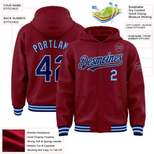Загрузить изображение в средство просмотра галереи, Custom Crimson Navy-Light Blue Bomber Full-Snap Varsity Letterman Hoodie Jacket