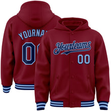 Загрузить изображение в средство просмотра галереи, Custom Crimson Navy-Light Blue Bomber Full-Snap Varsity Letterman Hoodie Jacket