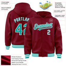 Загрузить изображение в средство просмотра галереи, Custom Crimson Aqua-White Bomber Full-Snap Varsity Letterman Hoodie Jacket