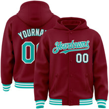 Загрузить изображение в средство просмотра галереи, Custom Crimson Aqua-White Bomber Full-Snap Varsity Letterman Hoodie Jacket