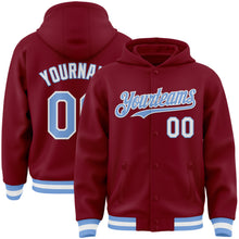 Load image into Gallery viewer, Custom Crimson Light Blue-White Bomber Full-Snap Varsity Letterman Hoodie Jacket