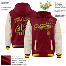Загрузить изображение в средство просмотра галереи, Custom Crimson Black Cream-Gold Bomber Full-Snap Varsity Letterman Two Tone Hoodie Jacket