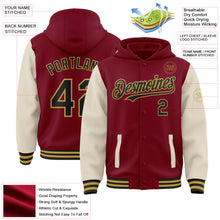 Загрузить изображение в средство просмотра галереи, Custom Crimson Black Cream-Old Gold Bomber Full-Snap Varsity Letterman Two Tone Hoodie Jacket